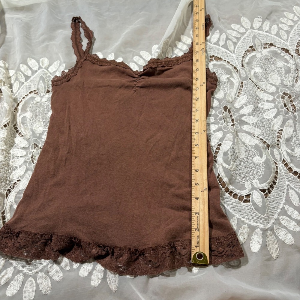 Y2K Bella Swan Chocolate Brown Lace Trim Cotton Camisole Cinched Bust Tank Top M - Picture 3 of 5